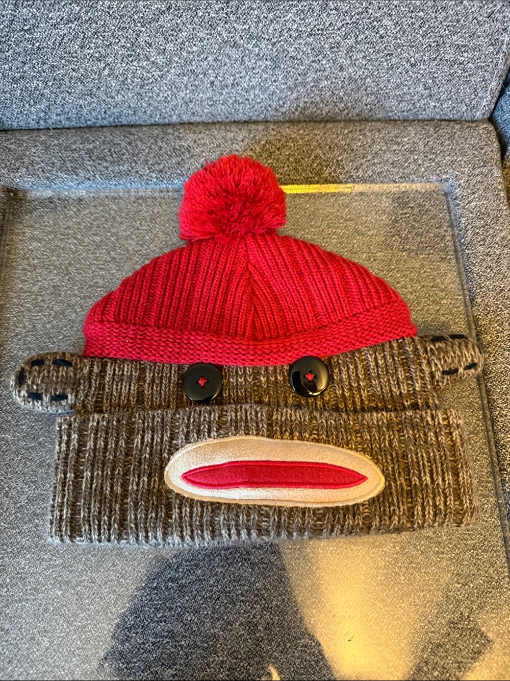 Red Pom Pom Sock Monkey Beanie Hat